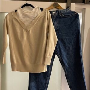 Elegant Beige V-Neck Sweater plus jeans